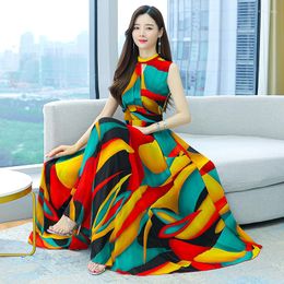 Casual Dresses Ladies Long Chiffon Beach Dress Women Summer Boho Patchwork Print Sleeveless Ankle-Length Maxi Party Korea 2023