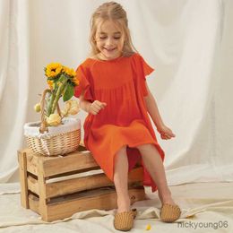 Girl's Dresses Summer New Orange Retro Girls Dress Cotton Baby Kids Casual Petal Sleeve Holiday Toddler Girl Clothes R230612