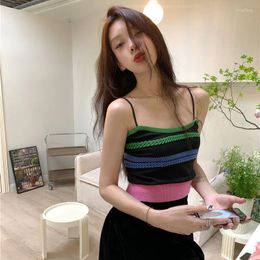 Women's Tanks Woven Colorful Striped Suspender Small Vest Women's Hong Kong Flavor Retro Temperament Short Style High Waist Top