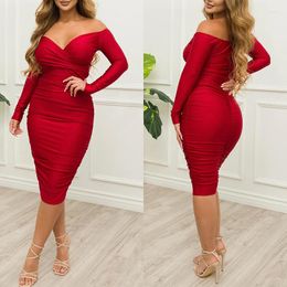 Casual Dresses Fashion Solid Cross Slash Neck Long Sleeve Sexy Winter Women Elegant Beach Bodycon Pleated Party Evening Prom Midi Dress