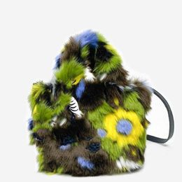 Totes Oil Painting Style Plush Women's Handbags Designer Flower Shoulder Crossbody Bags for Women 2023 Fluffy Faux Fur Tote Purses New