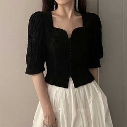 T-Shirt Women's Sexy V Short Sleeve Black Crop Top French Vintage Puff Shoulder Fold Wild Casual T-shirt G220612