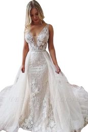 Elegant Mermaid Wedding Dresses With Removable Train Lace V Neck Sexy Backless Bridal Wedding Gowns Plus Size
