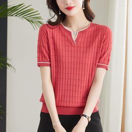 Women's T Shirts Summer Clothes Plaid Knitted T-Shirts Women Fashion V-Neck Elegant Ice Silk Tees Patchwork Purple Red Short Sleeved Tops