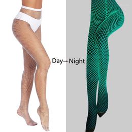 Women Socks Glow In The Dark Fishnet Stocking For High Waist Tights Hollow Out Pantyhose Luminous