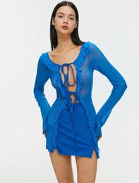 Casual Dresses Glamorous Long Sleeve Mesh See Through Ruffle Solid Self Tie Mini Dress Summer Beach Sexy Bandage Deep V Club Party Bodycon