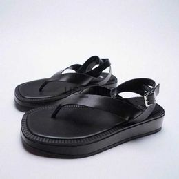 Sandals Summer Women Shoes Black Flat Leather Fashion Sandals Lace up Thick Soled Ankle Strap Sandals For Women ZA Pinch Toe Flip Flops J230612
