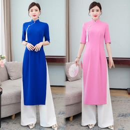 Ethnic Clothing Ao Dai Vietnam Long Tops Pant Suits Women Plus Size Slim Vintage National Solid Simple Chinese Style Two Piece Set 5XL