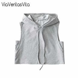 Summer Casual Sleeveless Tank Tops For Women Drawstring Hooded Cropped Top Womens Black Grey Gym Mujer Clothes 220325