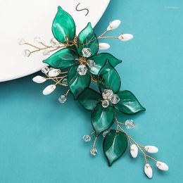 Hair Clips Green Flower Hairpins Side Sparkly Rhinestone Combs For Bride Wedding Pearl Headpieces Fashion Jewelry Bridesmaid