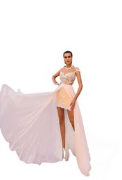 A-Line Wedding Dresses Short Vintage Beach Wedding Dresses with Detachable Chiffon Skirt Sheer Lace Appliqued High Low Bridal Gowns