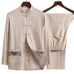 Ethnic Clothing Chinese Tang Suit Spring Embroidery Men's Cotton Linen Wu Shu Long Sleeve Shirt & Pant Tai Chi Uniform