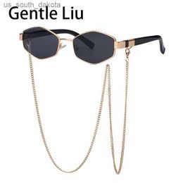 Vintage Punk Sunglasses Women With Chain Small Frame Sun Glasses for Ladies 2023 Luxury Brand Designer Hexagon Eyewear UV400