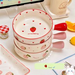 Bowls Kawaii Strawberry Peach Bowl Plate Ceramic Fruit Salad Noodle Ramen Kitchen With Handle Tableware Gift For Kids Girl Women