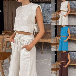 Women's Two Piece Pants Sleeveless Lace Up Pant Sets Summer 2 Solid Colour Cotton Linen Outfits Tank Crop Top & Wide Leg Suits Casual