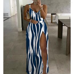 Casual Dresses 2023 Women Holiday V Neck Stripe Print Chain Strap High Slit Maxi Dress Sexy Elegant Evening Party Long Summer Robe