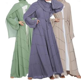 Ethnic Clothing Luxury Manual Beads Decoration Soft Dress Turkey Abaya Muslim Women Islamic With Tassel Belt