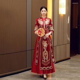 Ethnic Clothing Exquisite Phoenix Embroidery Mandarin Collar Marriage Cheongsam Chinese Style Bride Satin Sequins Beading Wedding Dress