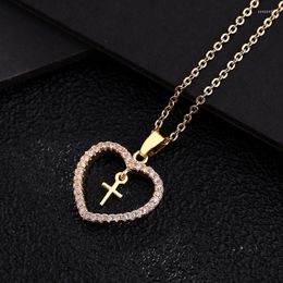 Pendant Necklaces Fashion Zircon Cross Heart Necklace Religious Faith Wedding For Women Copper Jewelry Birthday Party Gift