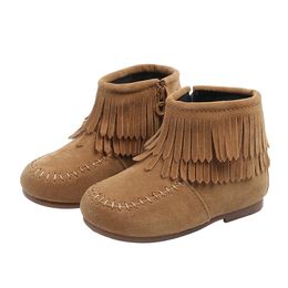 Boots Fringes Girls Ankle Princess Sweet Red Pink Black Flock Fabric Warm Rubber For Toddler Kids Cotton padded Tassels 230609