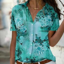 Women's Blouses Summer Button Up Short Sleeve Vintage Print Blouse Casual Turn-down Collar Clothes Floral Tops Fashion Loose Women Shirt