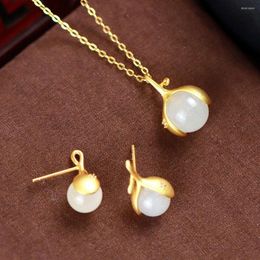 Chains Gold Over 925 Stering Silver White Jade Ball Jewelry Set Necklace Earrings