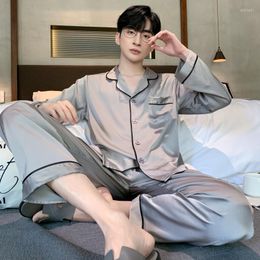 Мужская одежда для сна Летняя серая пижама с длинным рукавом и брюки мужская домашняя одежда атласная пижама набор