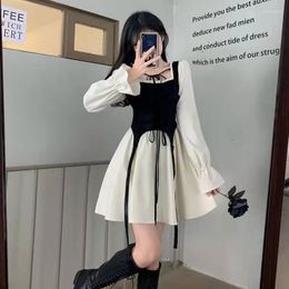 Casual Dresses Spring Autumn Vintage Patchwork Y2k Sweet Kawaii Party Women Lace Up Harajuku Long Sleeve Club Dress Loose 5XL