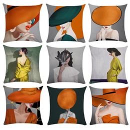 Pillow 45x45cm Orange Lady Print Cover Replaceface Prints Sofa Case Decorative Pillowcase Home Decor