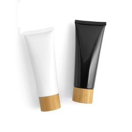 60ml Empty White Plastic Squeeze Tube Bamboo Wood Screw Lid Cosmetic Packaging Container Black Refillable Bottle 25pieces/Lot Ttufd