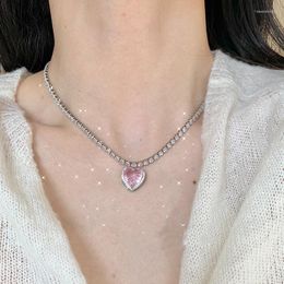 Pendant Necklaces Cool Pink Heart Y2K Necklace For Women Lovers Rhinestione Clavicle Chain Chocker Female Crystal Moonstone Jewlery Gifts