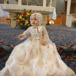 Vintage Pearls Christening Dresses for Baby Long Sleeve Appliques Infant Toddler First Communion Gown White A Line O Neck Long Baptism Dress for Newborn