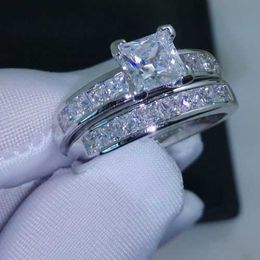 Band Rings Luxury Size 5/6/7/8/9/10 Jewelry 10kt white gold filled Topaz Princess cut simulated Diamond Wedding Ring set gift with box J230612