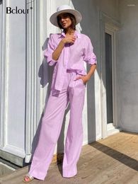 Women's Two Piece Pants Bclout Summer Cotton Long Sets Women 2 Pieces Fashion Purple Sleeve Blouses Vacation Blue Wide Leg Suits Female