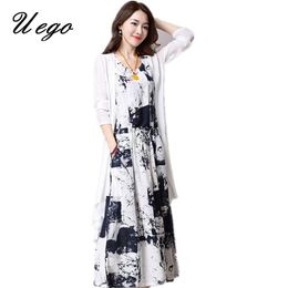 Dresses Uego 2023 Fashion Women Spring Summer Dress Cotton Linen Print Ladies Beach Casual Dress Two Piece Set Dress Suits