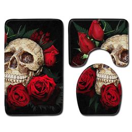 Mats Nordic 3D Skull Rose Toilet Bath Mat Carpet Rug Sets Bathroom Shower Room Carpets Flannel Anti Slip 3 Pieces Bath Mat Sets