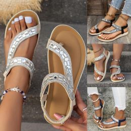 Sandals Women Summer Elastic Band Rhinestone Casual Open Toe Flat Wedge For Dressy Womens Slip On Heels