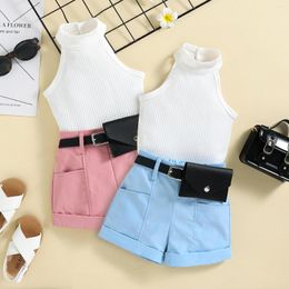 Clothing Sets 3Pcs Baby Girl Cotton Outfits Solid Colour Sleeveless Ribbed Stand-Up Collar Tops Belted Short Pants Small Waist Pack Clothes