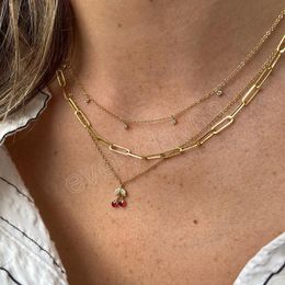 Cute Red Cherries Crystal Pendant Necklace for Women Vintage Gold Colour Multilayer Chain Necklaces Fashion Jewellery