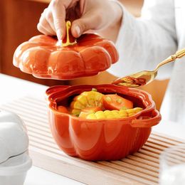 Bowls Ceramic Pumpkin Bowl With Lid Cup Home Kitchen Children's Soup Steamed Egg Salad Tableware Small Rice
