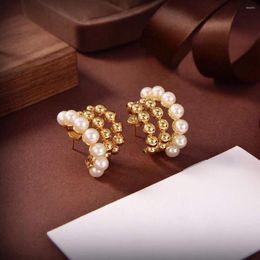 Stud Earrings Fashion Women Mini Pearl Hoop Earring Wedding Gold Plated Round Bead Geometric Circle Jewelry Party Accessories