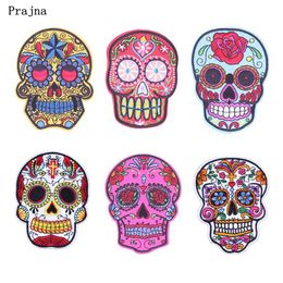 Prajna Punk Rock Skull Embroidery Patches accessory Various Style Flower Rose Skeleton Iron On Biker Patches Clothes Stickers Appl283w