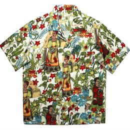 Vintage Lady Flower Full Print Button Up Shirt Cuba Neck Loose Mens Hawaii Beach Blouses Womens Tops Summer Large 2XL