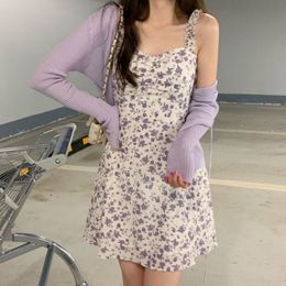 Two Piece Dress Estceuqe Twopiece Sets Vintage Printing Dresse Purple Floral Slip Mini DressSunscreen Shawl Cardigan Sweet 230612