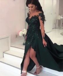 Urban Sexy Dresses Emerald Green Satin Formal Evening Sheer Mesh Top Lace Applique Split Beaded Stones vestido de festa Party Gowns 230612