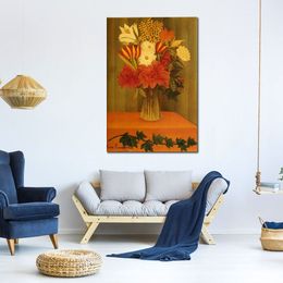 Vibrant Jungle Canvas Art Painting Vase of Flowers Henri Rousseau Artwork Hand Painted Home Decor