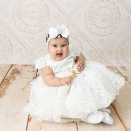 Girl Dresses White Flower With Bow Lace Applique Toddler Cute Christening Gown Cap Sleeve Birthday Party Dress