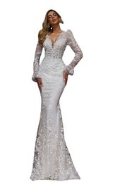 Stunning Full Lace Long Sleeve Wedding Dresses Sexy Mermaid Deep V Neck Sheer Backless Appliques Long Bridal Gowns Arabic Robes