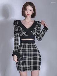 Casual Dresses Spring Autumn Y2K Fashion Women Evening Dress Chic Vintage Plaid Sexy V-Neck Slim Midi Party Club Street Clothes Mujer