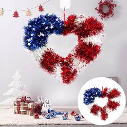 Decorative Flowers Patriotic Party Heart Shaped Decoration Independence Day Red White And Blue Shiny Wreath Home